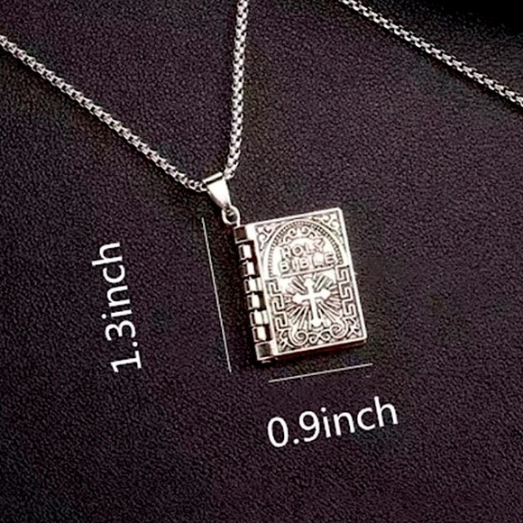 Bible Necklace 4 Pages Turnable Lords Prayer Pages 27” Box Chain Silver Tone - Picture 11 of 16